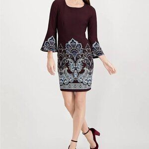 INC Bell-Sleeve Paisley-Print Ponte Jersey Dress Dark Red Size XS